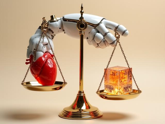 Robotic hand holding a delicate balance scale