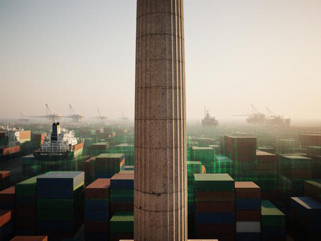 Ancient pillars overlaid with modern logistics grid