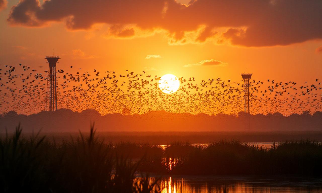 Migratory birds flying over wetlands at dusk