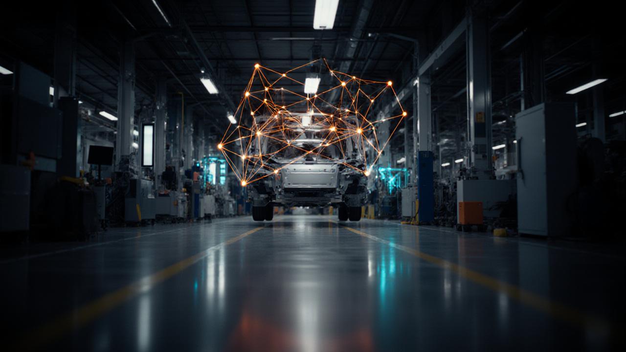 Futuristic manufacturing line with data visualizations