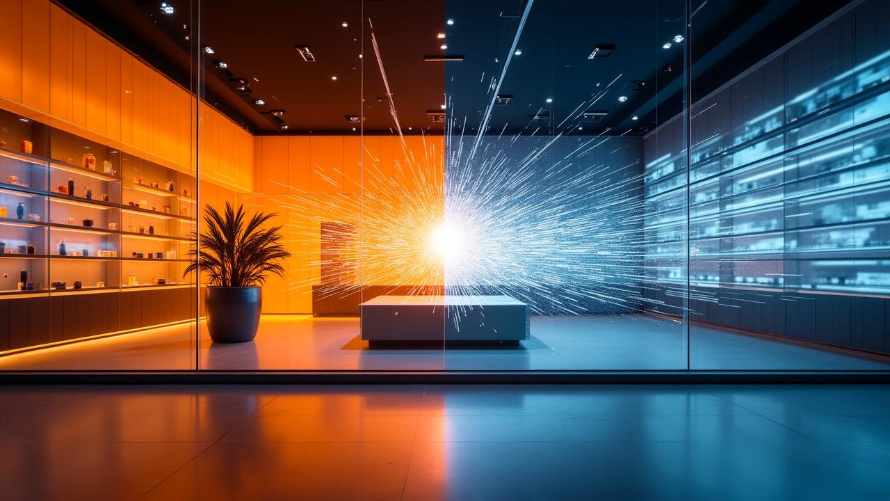 Conceptual visualization of a calm retail environment surviving a digital storm